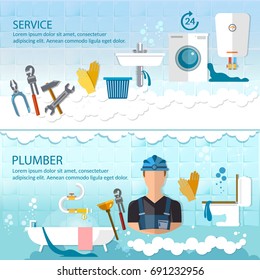 Professional plumber banner plumbing service different tools and accessories, pipe repair, elimination of leaks. Call plumber concept 