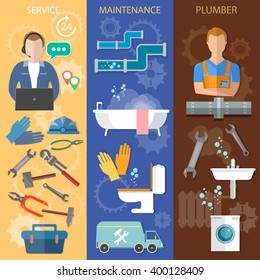 Professional plumber banners call plumber plumbing and renovation vector illustration 