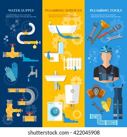 Professional plumber banners repair plumbing tools plumber working vector illustration 