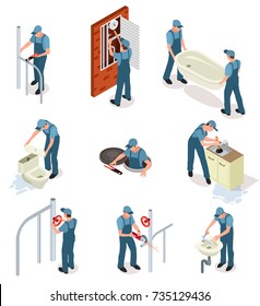 Professional plumber in blue uniform fixes sanitary engineering and pipes isolated cartoon isometric vector illustrations set on white background.