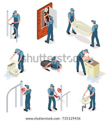 Professional plumber in blue uniform fixes sanitary engineering and pipes isolated cartoon isometric vector illustrations set on white background.