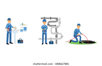 Professional Plumber in Blue Uniform Fixing Sanitary and Pipe Line Vector Illustration Set