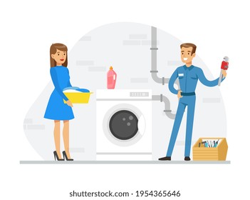 Professional Plumber in Blue Uniform Fixing Sanitary Ware Vector Illustration