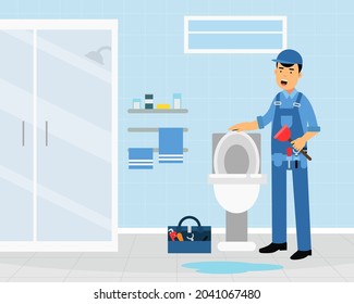 Vektorgrafik von professionellem Klempner in blauem Uniform zur Fixierung von Sanitärartikeln