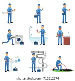 Professional plumber in blue uniform at work set, plumbing service vector Illustrations