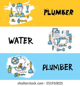 Professional plumber different tools and accessories. Repairing service. Hand drawn vintage style. Flat design vector illustration.
