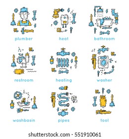 Professional plumber different tools and accessories. Repairing service. Hand drawn vintage style. Flat design vector illustration.