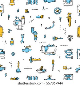 Professional plumber different tools and accessories. Repairing service. Hand drawn vintage style. Seamless pattern. Flat design vector illustration.