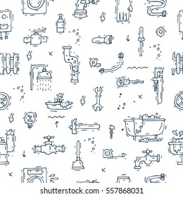 Professional plumber different tools and accessories. Repairing service. Hand drawn vintage style. Seamless pattern. Flat design vector illustration.