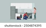 Professional plumber fixing a kitchen sink drain and woman standing next to him, professional plumbing service