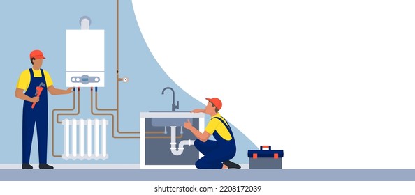 Professional plumber and heating engineer at work, they are checking the boiler and home plumbing