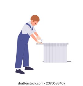 Professional plumber installing, servicing and adjusting heating radiator isolated on white