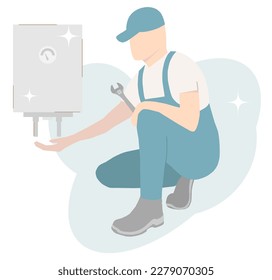 A professional plumber installs or repairs boiler. Water heater service.
Flat vector illustration.