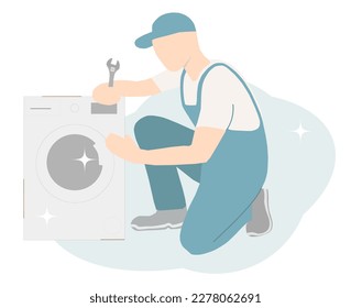 A professional plumber installs or repairs a washing machine. Washer repair service. Flat vector illustration.