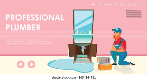 Professional Plumber Service Flat Cartoon Banner Vector Illustration. Handyman in Uniform, Working at Home Bathroom, Repairing Sink with Demaged Pipe System, Stopping Water Leaking Website.