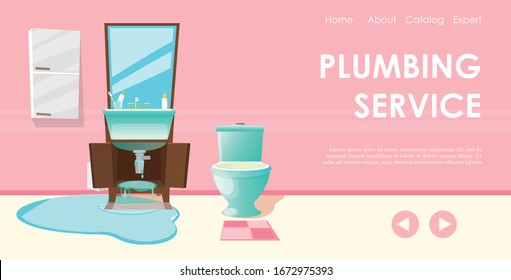 Illustration zur Vektorillustration von professionellen Klempnern-Service-Flach-Cartoon-Bannern. Die Zimmer sind sehr klein und sauber. Wasser auf dem Boden. Zerbrochene oder gefälschte Rohre. Website mit Buttons.