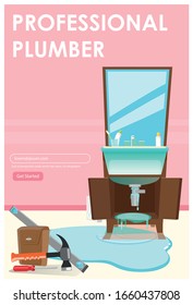 Professional Plumber for Sink Repair Flat Cartoon Vector Illustration. Renovation in Bathroom, Faucet with Water Leakage Problem Poster. Broken or Demaged Pipe. Equipment as Hammer, Screwdriver.