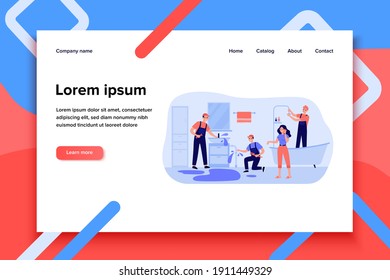 Professional plumber team trying to stop house flooding flat vector illustration. Cartoon workers plumbing in bathroom. Repair service and emergency maintenance concept