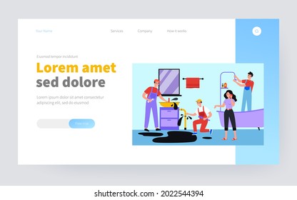 Professional plumber team trying to stop house flooding flat vector illustration. Cartoon workers plumbing in bathroom. Repair service and emergency maintenance concept