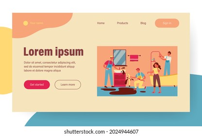 Professional plumber team trying to stop house flooding flat vector illustration. Cartoon workers plumbing in bathroom. Repair service and emergency maintenance concept