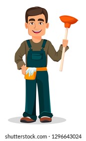 Professional plumber in uniform holds plunger. Handsome cartoon character. Vector illustration on white background