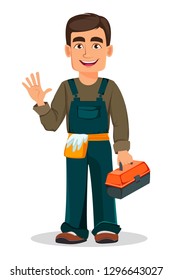 Professional plumber in uniform holds toolbox. Handsome cartoon character. Vector illustration on white background