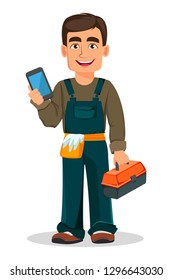 Professional plumber in uniform holds toolbox and smartphone. Handsome cartoon character. Vector illustration on white background