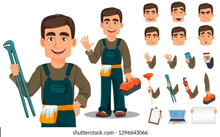 Professional plumber in uniform, pack of body parts, emotions and things. Handsome cartoon character. Build your personal design. Vector illustration