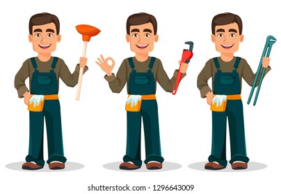 Professional plumber in uniform, set of three poses. Handsome cartoon character holds plunger, holds wrench and holds nippers. Vector illustration on white background