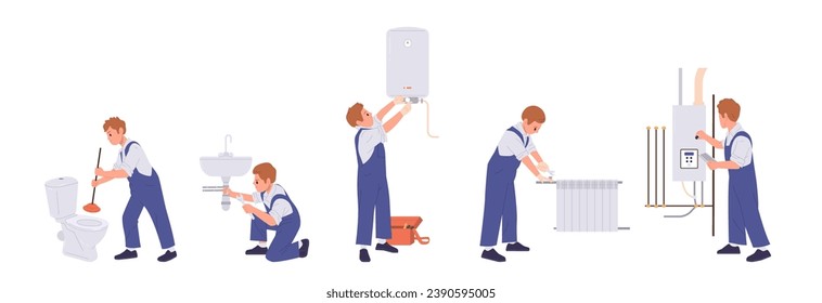Professional plumber workman home master cartoon character at work isolated set on white background