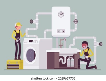 Professional plumbers installing, maintaining water pipe system in kitchen, bathroom. Technicians upgrading, replacing water heater, filtration for bathing, cooking or laundry. Vector illustration