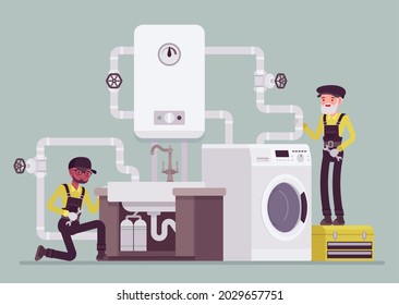 Professional plumbers installing, maintaining water pipe system in kitchen, bathroom. Technicians upgrading, replacing water heater, filtration for washing, cooking or laundry. Vector illustration