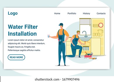 Professional Plumbers Making Water Filter Installation on Kitchen. Worker with Toolbox and Instruments Setup Equipment on Sink, Craftsman Hold Glass Cartoon Flat Vector Illustration. Horizontal Banner