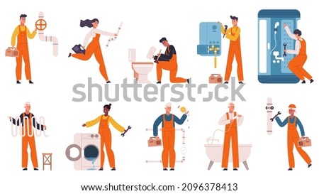Professional plumbers repair pipes, fixing heating system and leakage. Plumbing service workers, repair home heating system vector illustration set. Plumbing workflow, handymen with tools or equipment