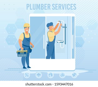 Professional Plumbers Service for Emergency Help Advertising Flat Banner. Maintaining, Installing or Repairing Shower Stall in Bathroom. House Repair Company. Vector Cartoon Illustration