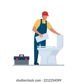 Professional plumbers service: a plumber is checking the toilet flush tank