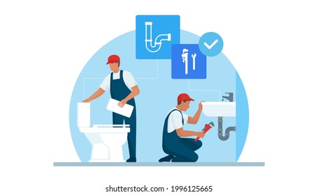 Professional plumbers service, they are unclogging a toilet and fixing the plumbing in a sink