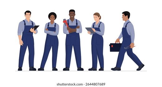 Professional plumbers standing togethers and holding tools, isolated