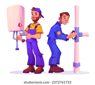 Professional plumbers in uniform install boiler. Male worker with wrench adjusts water heater, and second technician turns crane on pipe. Cartoon vector illustration of maintenance and repair services