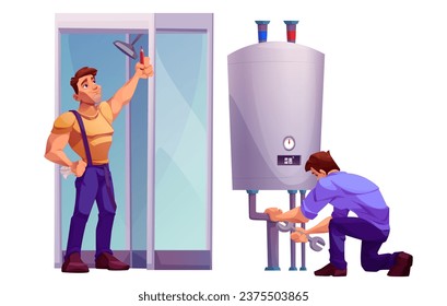 Professional plumbers in uniform provide installation or repair work. Male worker with wrench adjusts boiler, and second technician takes measurements in shower cabin. Maintenance and repair services