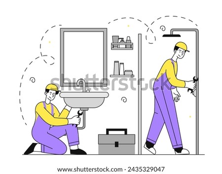 Professional plumbing company doodle. Men in uniform with toolbox at bathroom. Plumbers and repairmen wth wrenches. Simple flat vector illustration isolated on white background