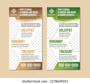 Professional Plumbing And Drain Cleaning Services Banner Design Template. Poster Design With Space Of Photo And Text. Vertical Print Ready. Combination Of Brown And Green Element And White Background