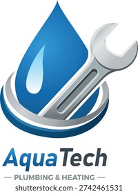 Professional plumbing and heating service logo with wrench, water drop and radiator icon.
