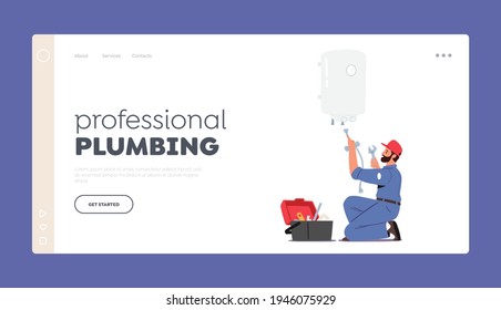 Professional Plumbing Landing Page Template. Call Master Plumber Character Install Boiler or Heater. Husband for an Hour Repair Service, Worker Fixing Broken Home Technics. Cartoon Vector Illustration