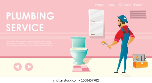 Professional Plumbing Service Flat Cartoon Banner Vector Illustration. Handyman in Uniform, Working at Home Bathroom, Repairing Toilet. Man Holding Wrench. Helper with Water System Problems.