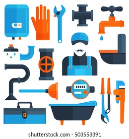 Professional Plumbing service flat icons: water pipe, toilet, bathtub and heating repair tools, sink drain cleaning kit vector illustration set.