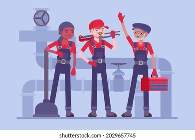 Professional plumbing service team, technicians, fixing blocks and leakages. Experienced, fully-equipped workers to install, maintain, test pipes, fittings of heating and water. Vector illustration