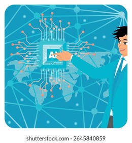 A professional points to an AI chip on a world map. Showing business progress in a global network with digital systems. Embrace AI, Artificial Intelligence adoption concept.