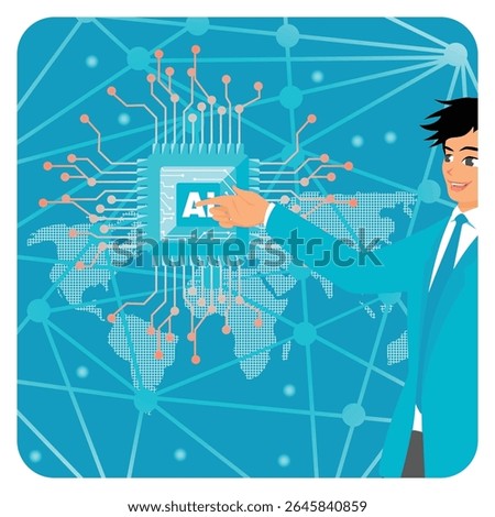 A professional points to an AI chip on a world map. Showing business progress in a global network with digital systems. Embrace AI, Artificial Intelligence adoption concept.