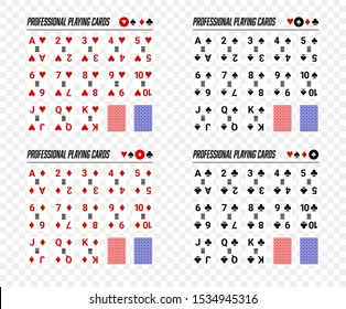 Professional Poker Full Deck of Playing Cards (Hearts, Spades, Diamonds, Clubs) with Bar code (Plus Backs) Online Casino Style Transparent Background - Isolated Vector